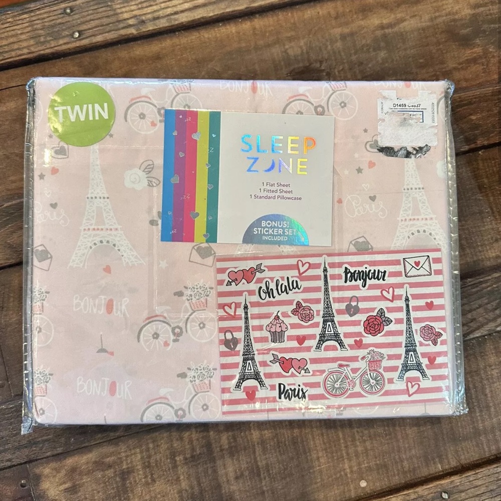 Sleep Zone Twin Pink Paris Bed Sheet Set NWT Girls Dorm Bonjour Bonus Stickers